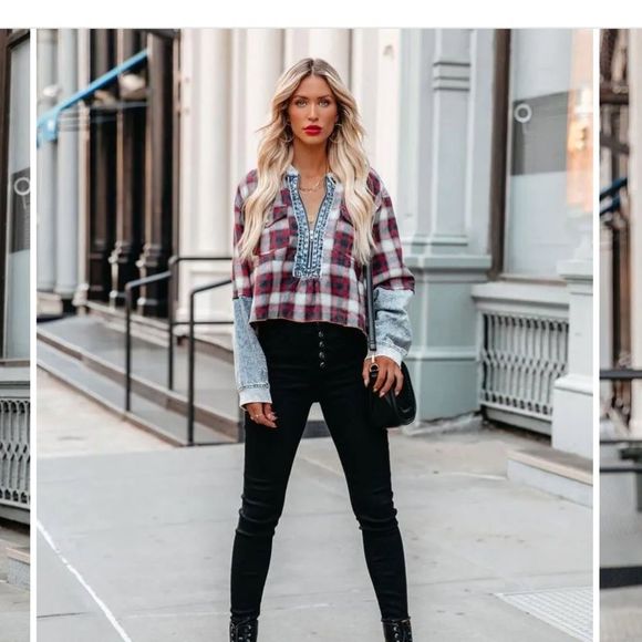 Promesa Tops - Half-zip Acid Wash Plaid Top